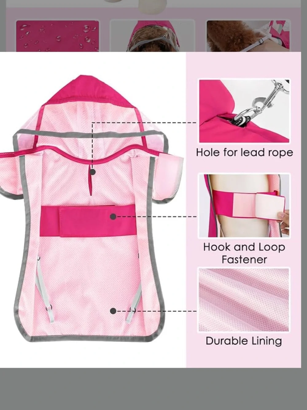 Waterproof Pink Dog Raincoat with Hood - Brand built in storage pocket